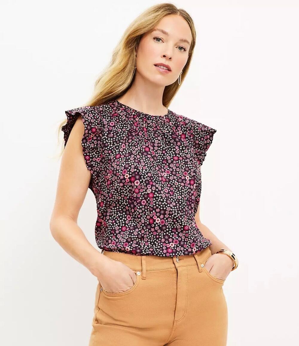 Loft Women's Multicolor Floral Cap Flutter Sleeve Crew Neck Blouse Top Size S